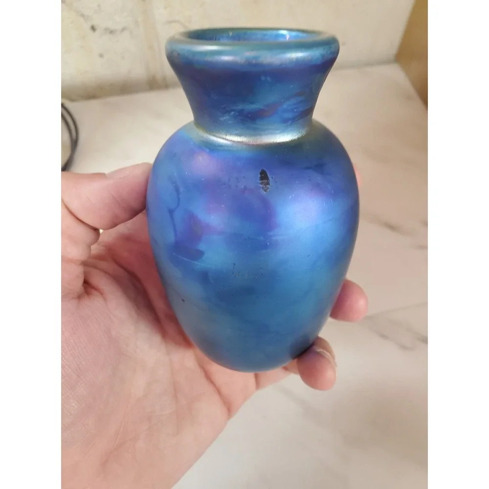 Stunning Blue Iridescent Glass Vase, Vintage, 4.25